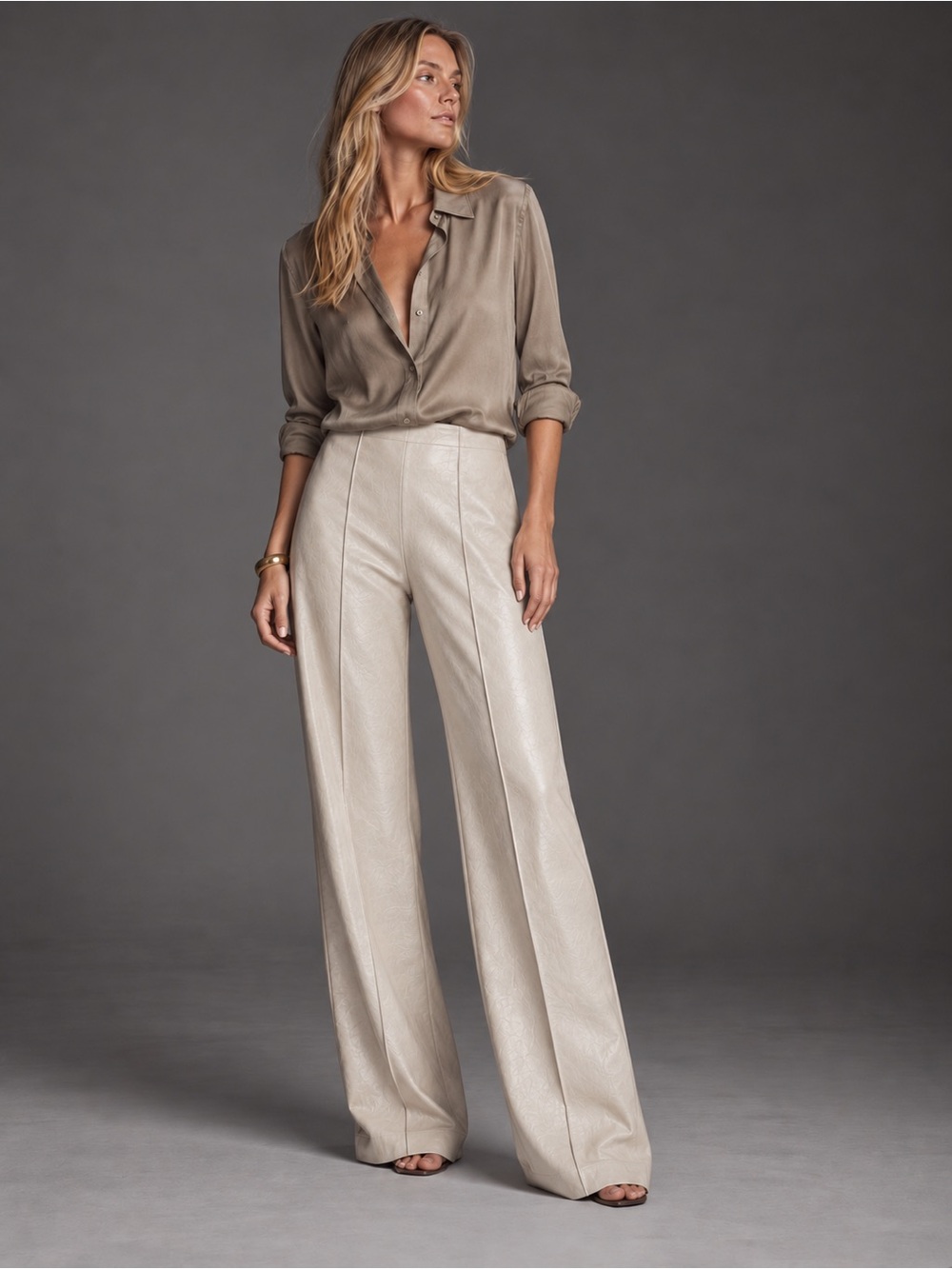 PrettyLittleThing Cream Faux Leather Wide-Leg Pants US 8
